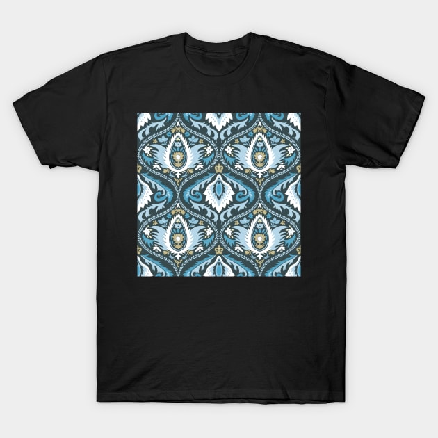 Classic ogee pattern with tendrils light blue and white on dark blue T-Shirt by colorofmagic